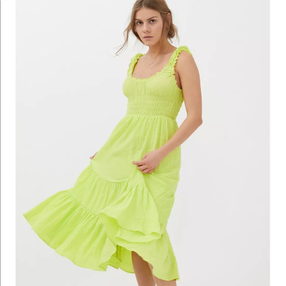NWT UO Odessa smocked midi dress sun milkmaid neon yellow